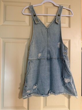 Light Blue Distressed Denim Pinafore Mini Dress